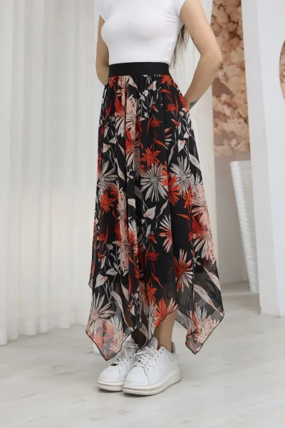 Beli Lastikli Asimetrik Şifon Etek 6071-Siyah / Kiremit