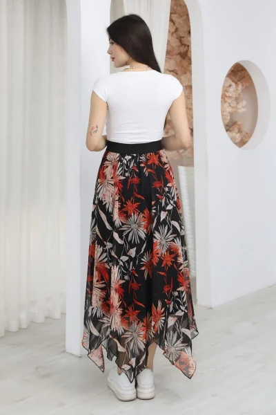 Beli Lastikli Asimetrik Şifon Etek 6071-Siyah / Kiremit