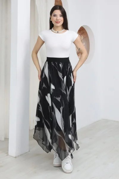 Beli Lastikli Asimetrik Şifon Etek 6071-Siyah / Beyaz
