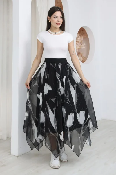 Beli Lastikli Asimetrik Şifon Etek 6071-Siyah / Beyaz