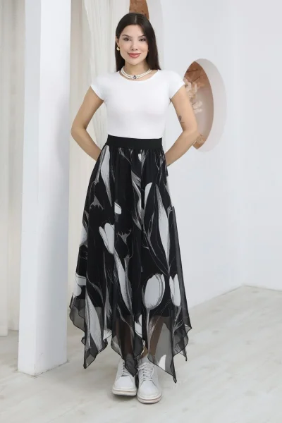 Beli Lastikli Asimetrik Şifon Etek 6071-Siyah / Beyaz