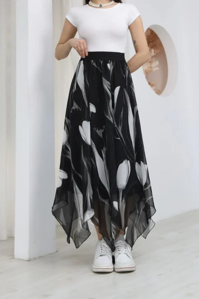 Beli Lastikli Asimetrik Şifon Etek 6071-Siyah / Beyaz