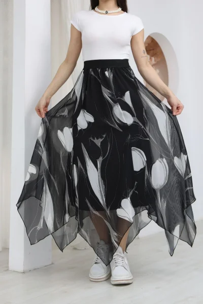 Beli Lastikli Asimetrik Şifon Etek 6071-Siyah / Beyaz