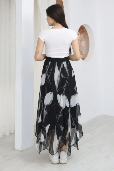 Beli Lastikli Asimetrik Şifon Etek 6071-Siyah / Beyaz