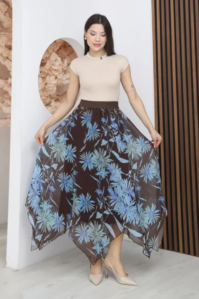 Beli Lastikli Asimetrik Şifon Etek 6071-Kahverengi/ Mavi