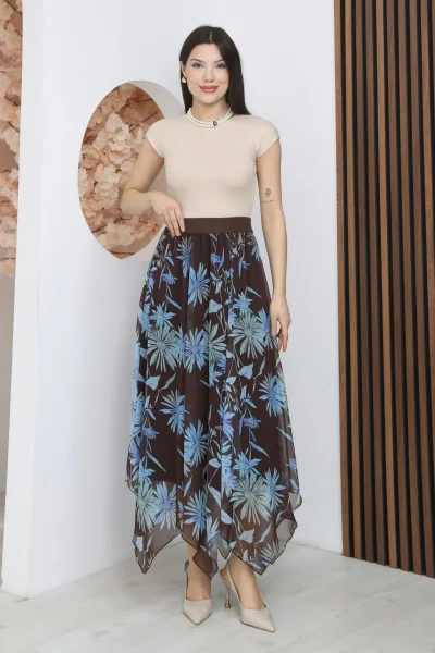 Beli Lastikli Asimetrik Şifon Etek 6071-Kahverengi/ Mavi