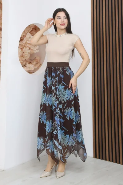 Beli Lastikli Asimetrik Şifon Etek 6071-Kahverengi/ Mavi
