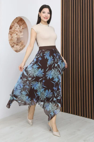 Beli Lastikli Asimetrik Şifon Etek 6071-Kahverengi/ Mavi