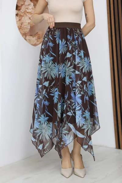 Beli Lastikli Asimetrik Şifon Etek 6071-Kahverengi/ Mavi