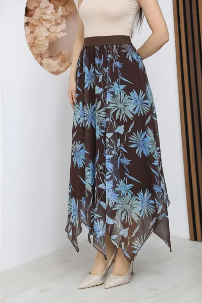 Beli Lastikli Asimetrik Şifon Etek 6071-Kahverengi/ Mavi