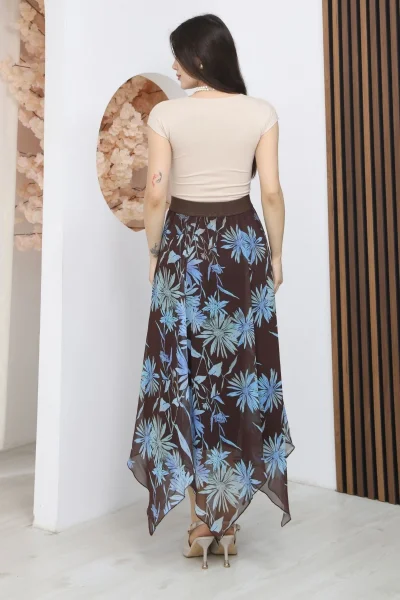 Beli Lastikli Asimetrik Şifon Etek 6071-Kahverengi/ Mavi