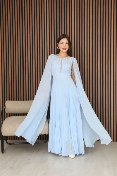 Pelerin Kollu Taş İşlemeli ve Bel Detaylı Abiye Elbise 2256-Bebe Mavisi