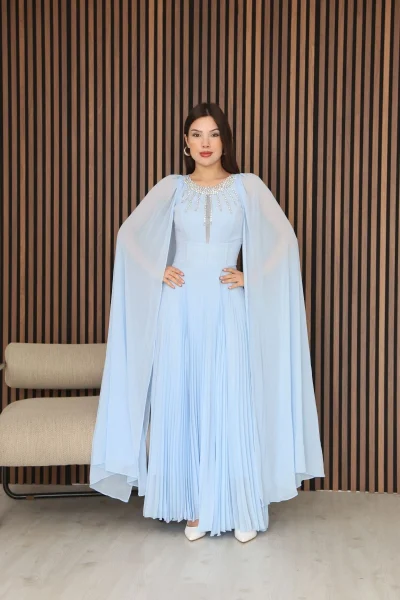 Pelerin Kollu Taş İşlemeli ve Bel Detaylı Abiye Elbise 2256-Bebe Mavisi