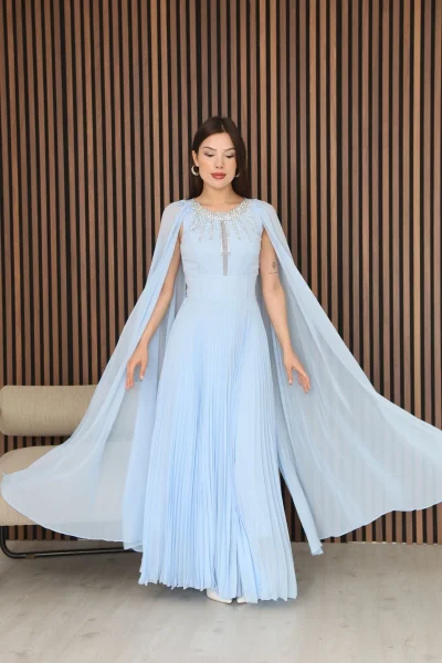 Pelerin Kollu Taş İşlemeli ve Bel Detaylı Abiye Elbise 2256-Bebe Mavisi