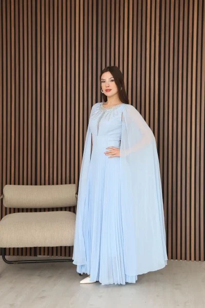 Pelerin Kollu Taş İşlemeli ve Bel Detaylı Abiye Elbise 2256-Bebe Mavisi