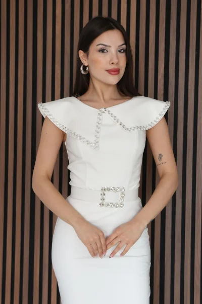 Aller Yaka Taş İşleme Detaylı Midi Elbise 2339-Beyaz