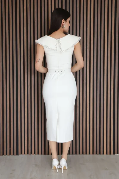 Aller Yaka Taş İşleme Detaylı Midi Elbise 2339-Beyaz