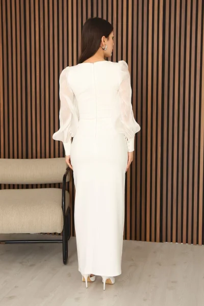 Taş Süslemeli Kare Yaka Balon Kol Yırtmaçlı Abiye Elbise 2345-Beyaz