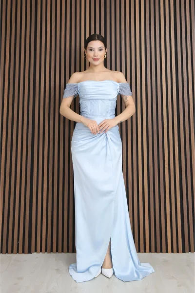 Straplez Yaka File ve Bel Detaylı Saten Abiye Elbise 2368-Bebe Mavisi