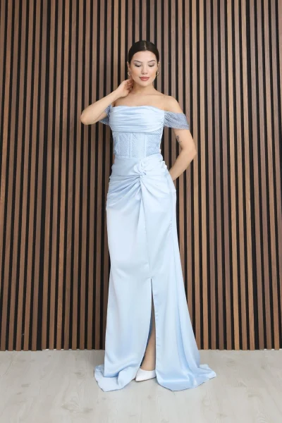 Straplez Yaka File ve Bel Detaylı Saten Abiye Elbise 2368-Bebe Mavisi