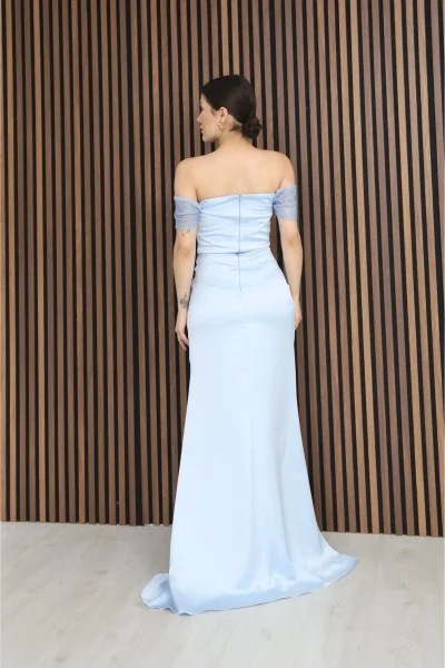 Straplez Yaka File ve Bel Detaylı Saten Abiye Elbise 2368-Bebe Mavisi