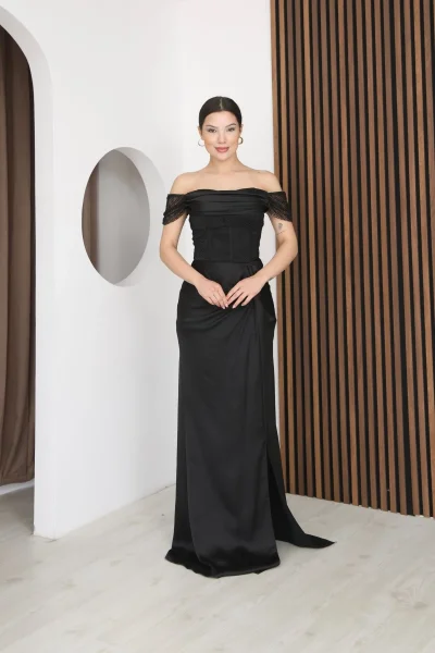 Straplez Yaka File ve Bel Detaylı Saten Abiye Elbise 2368-Siyah