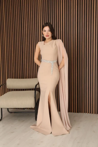 Taş Detaylı Pelerin Kol Balık Abiye Elbise 2366-Camel