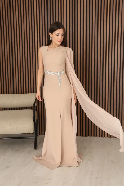 Taş Detaylı Pelerin Kol Balık Abiye Elbise 2366-Camel