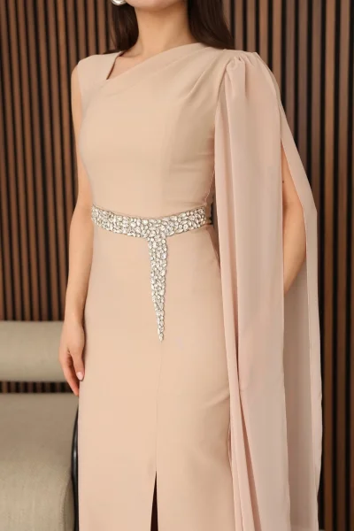 Taş Detaylı Pelerin Kol Balık Abiye Elbise 2366-Camel