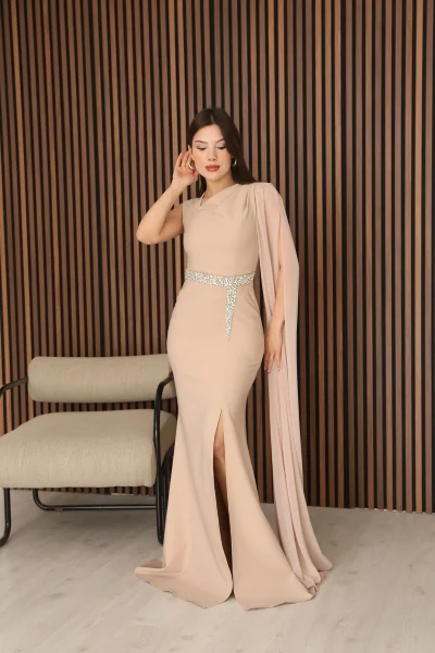 Taş Detaylı Pelerin Kol Balık Abiye Elbise 2366-Camel