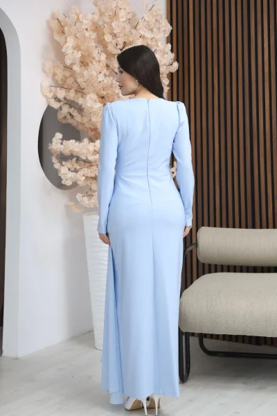 Taş İşlemeli ve Pile Detaylı Pelerinli Abiye Elbise 2312-Bebe Mavisi