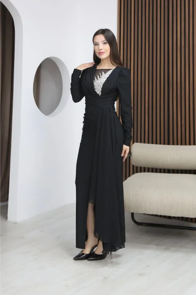 Taş İşlemeli ve Pile Detaylı Pelerinli Abiye Elbise 2312-Siyah