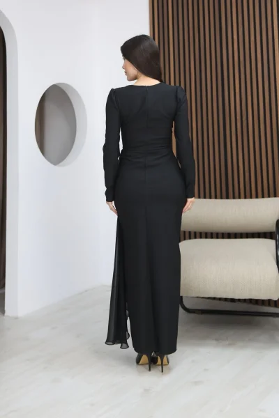 Taş İşlemeli ve Pile Detaylı Pelerinli Abiye Elbise 2312-Siyah