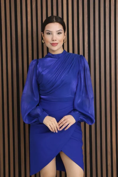 Göğüs Büzgülü Balon Kol Pileli Mini Elbise 2289-Saks