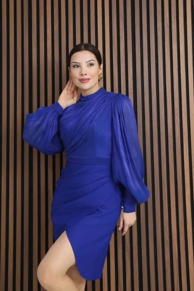 Göğüs Büzgülü Balon Kol Pileli Mini Elbise 2289-Saks