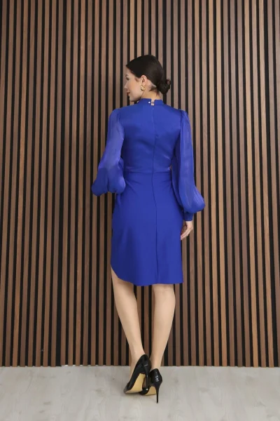 Göğüs Büzgülü Balon Kol Pileli Mini Elbise 2289-Saks