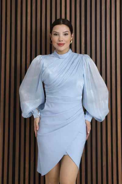 Göğüs Büzgülü Balon Kol Pileli Mini Elbise 2289-Bebe Mavisi