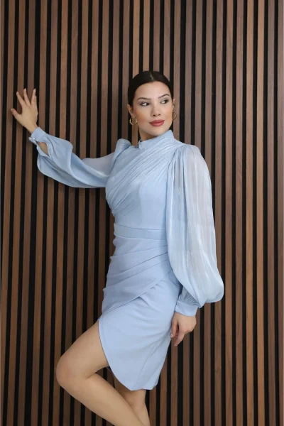 Göğüs Büzgülü Balon Kol Pileli Mini Elbise 2289-Bebe Mavisi