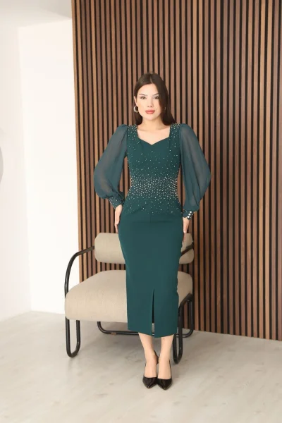 İnci ve Taş Süslemeli Balon Kol Kalem Midi Elbise 2096-Yeşil
