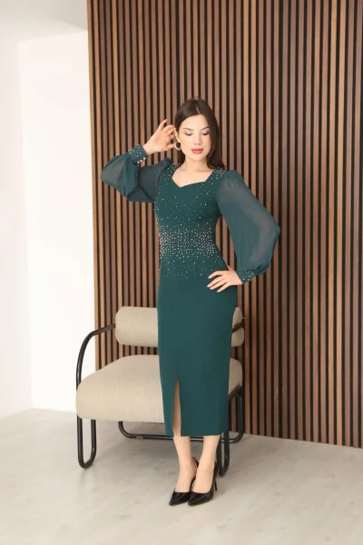 İnci ve Taş Süslemeli Balon Kol Kalem Midi Elbise 2096-Yeşil