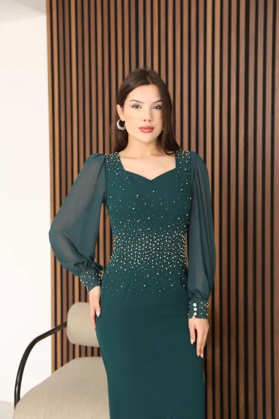 İnci ve Taş Süslemeli Balon Kol Kalem Midi Elbise 2096-Yeşil