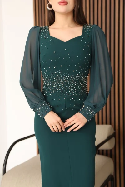 İnci ve Taş Süslemeli Balon Kol Kalem Midi Elbise 2096-Yeşil