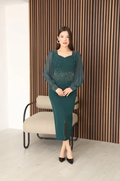 İnci ve Taş Süslemeli Balon Kol Kalem Midi Elbise 2096-Yeşil