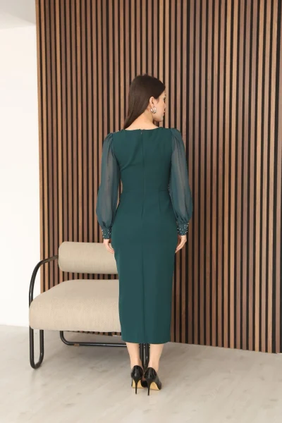 İnci ve Taş Süslemeli Balon Kol Kalem Midi Elbise 2096-Yeşil