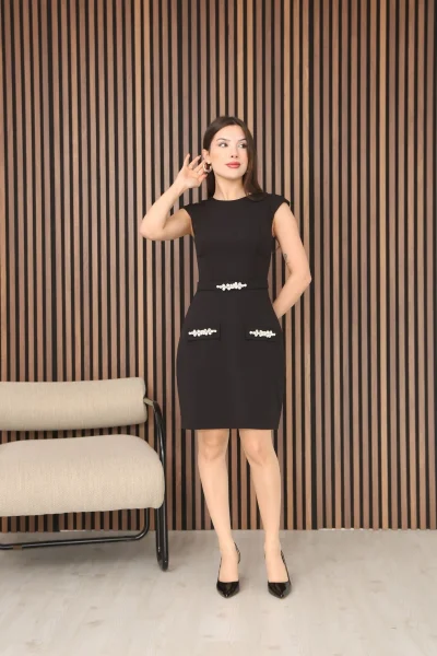 Taş Detaylı Süs Cepli Kemerli Mini Elbise DP5999-Siyah
