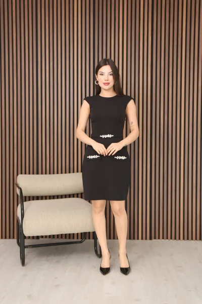 Taş Detaylı Süs Cepli Kemerli Mini Elbise DP5999-Siyah