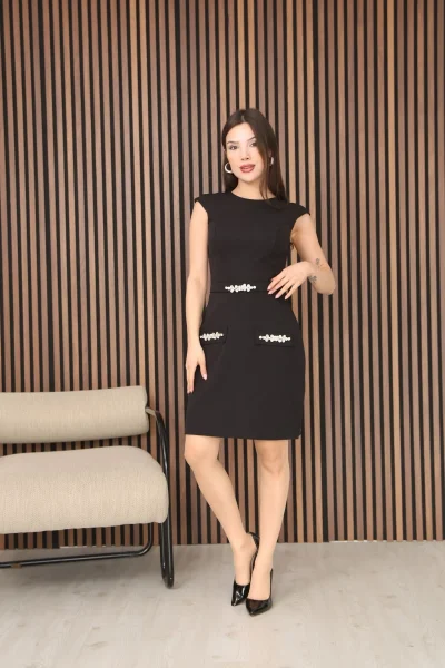 Taş Detaylı Süs Cepli Kemerli Mini Elbise DP5999-Siyah
