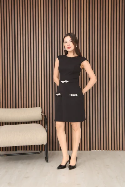 Taş Detaylı Süs Cepli Kemerli Mini Elbise DP5999-Siyah