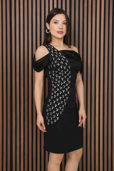 Asimetrik Tek Omuz Taş Detaylı Saten Pileli Mini Elbise DP5998-Siyah