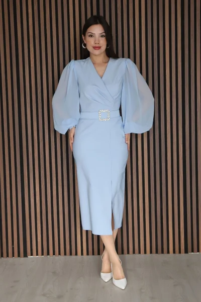 Kruvaze Yaka Balon Kollu Yırtmaçlı Abiye Elbise 2315-Bebe Mavisi